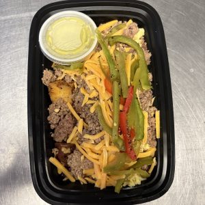 Bison Cheddar Scramble with Roasted Potatoes, Salsa Verde, Cheddar Cheese and Roasted Bell Peppers