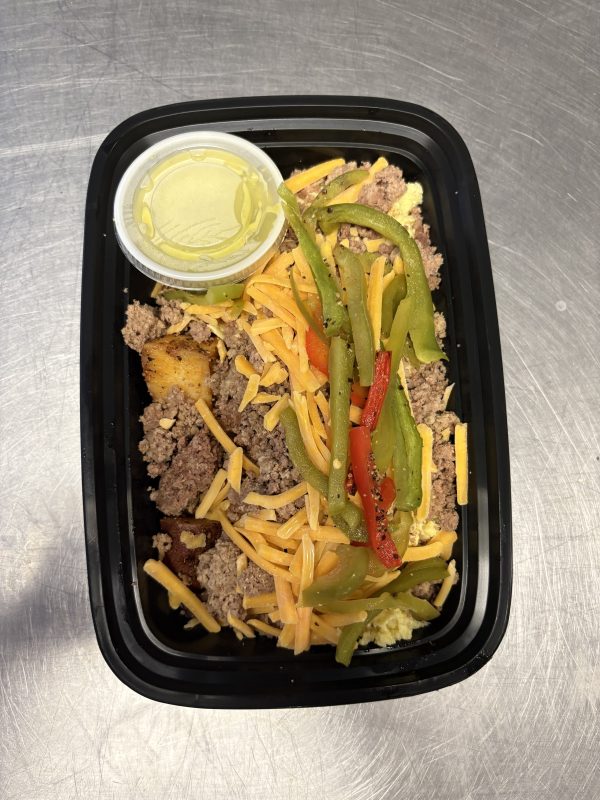Bison Cheddar Scramble with Roasted Potatoes, Salsa Verde, Cheddar Cheese and Roasted Bell Peppers