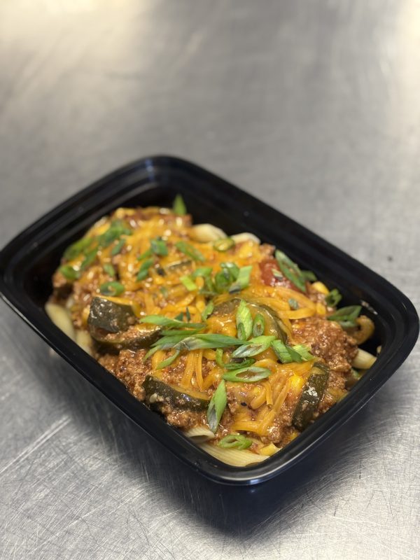 NEW Turkey and vegetable chili mac with whole wheat penne pasta and shredded cheese