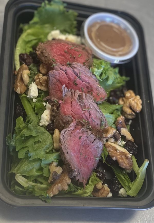 Beef Tenderloin and field greens salad with feta, cranberries, walnuts and a balsamic vinaigrette