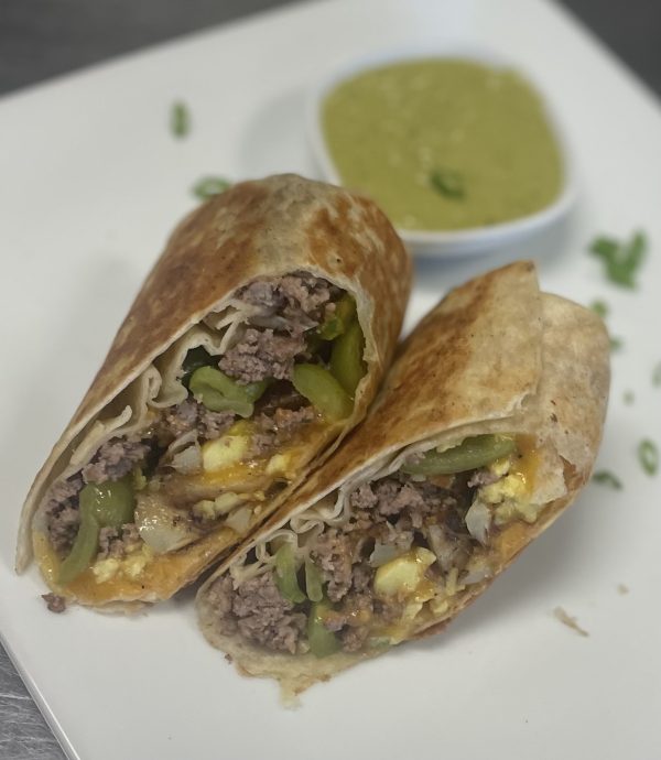 NEW Bison Breakfast Burrito with scrambled egg, red potato, cheese, bell peppers and our green salsa