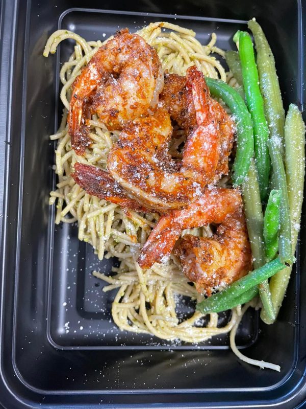 New Gluten Free Pesto Shrimp Pasta with green beans and fresh parmesan