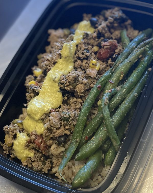 New Spicy Ground Turkey Bowl with black beans and corn over brown rice with green beans