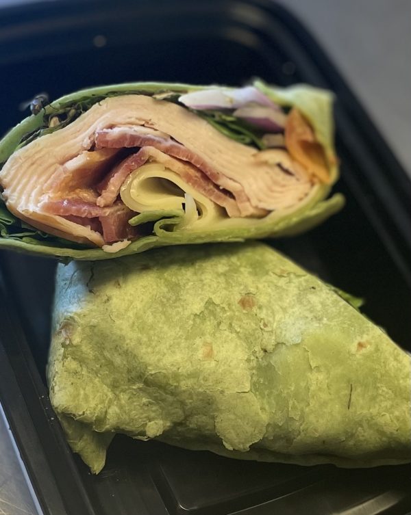 NEW GLUTEN FREE Turkey and Bacon Spinach Wrap with greens, tomato, red onion, swiss cheese and dijonnaise