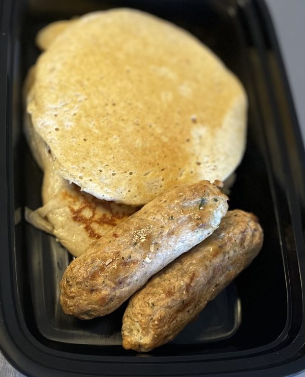 NEW Protein Pancakes with syrup and chicken breakfast sausages