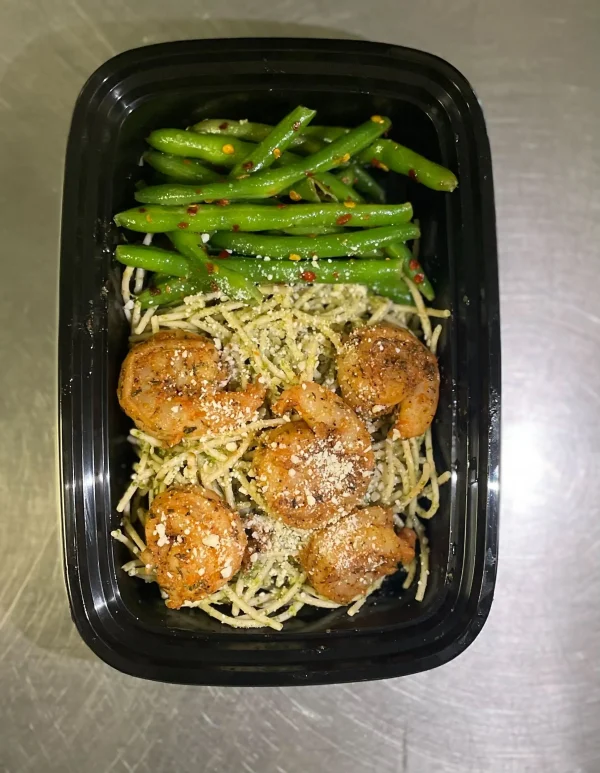 New Whole Wheat Penne Pasta Pesto Shrimp Pasta with green beans and fresh parmesan