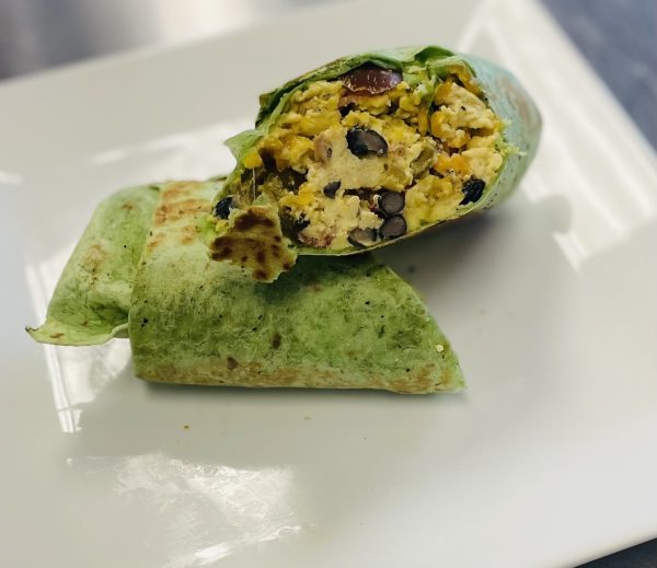 New Spinach Breakfast Burrito with chicken breakfast sausage, turkey bacon, black bean, egg, cherry peppers and cheese