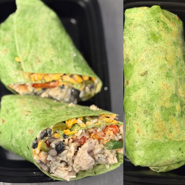 High Protein Chicken Burrito with black beans, rice, cheese, peppers and chipotle aioli