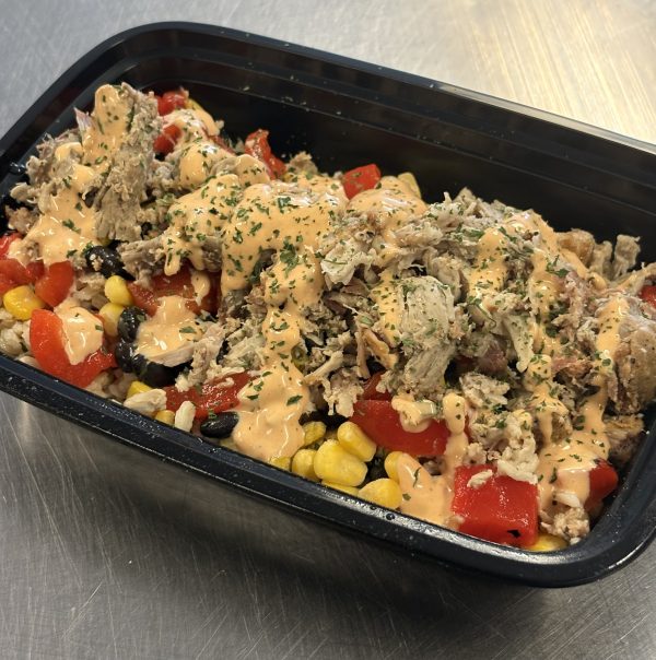 NEW Southwest Garlic Tri Tip Steak Protein Bowl with brown rice, black bean, corn, red bell peppers and chipotle aioli drizzle