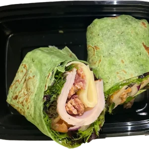 Honey Mustard Spinach Club Wrap with turkey, ham, bacon, swiss, lettuce, tomato and onion