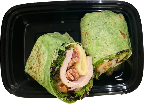Honey Mustard Spinach Club Wrap with turkey, ham, bacon, swiss, lettuce, tomato and onion
