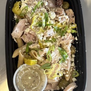 Greek Pasta Salad with Chicken, Marinated Olives, Feta Cheese, Pepperoncini Peppers and Green Onion