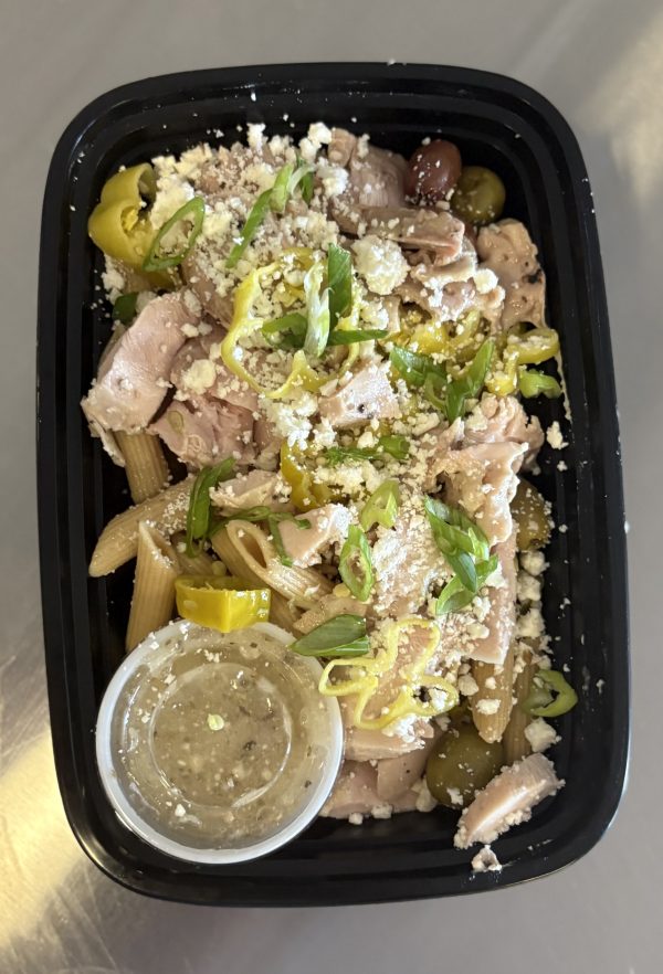 Greek Pasta Salad with Chicken, Marinated Olives, Feta Cheese, Pepperoncini Peppers and Green Onion