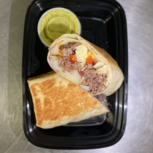 Ground Bison Breakfast Burrito with Red Potato, Roasted Bell Peppers, Cheddar Cheese, Egg and Salsa Verde on the side