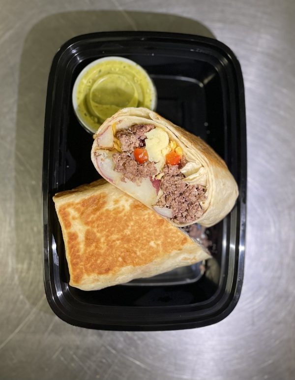 Ground Bison Breakfast Burrito with Red Potato, Roasted Bell Peppers, Cheddar Cheese, Egg and Salsa Verde on the side