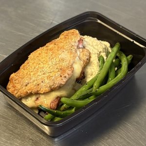 Carnivore/Keto friendly chicken cordon bleu with cauliflower puree and green beans