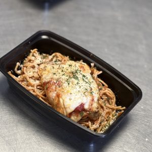 Chicken Parm (no breading) with whole wheat pasta marinara and fresh parmesan