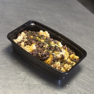 Bison Mac and Cheese (with our cottage cheese queso, mozzarella and cheddar cheese)