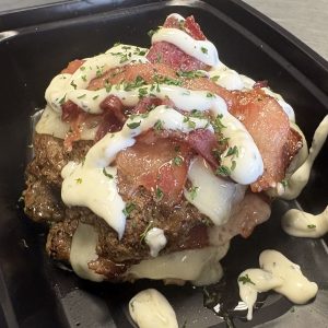 Carnivore Turkey Burger (2 patties 4 oz each) with swiss cheese, bacon and garlic aioli