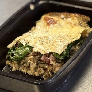 Shredded Chicken Lasagna with our Cottage Cheese Alfredo, Mozzarella, Spinach, Mushrooms and Fresh Parmessan