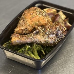 Rosemary Roast Chicken Quarters with red potato and grilled broccoli