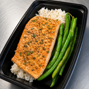 Grilled Salmon with salt and pepper green beans and white rice