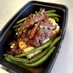 Bison Burger Meal with charred onions, au jus, cauliflower mash and green beans